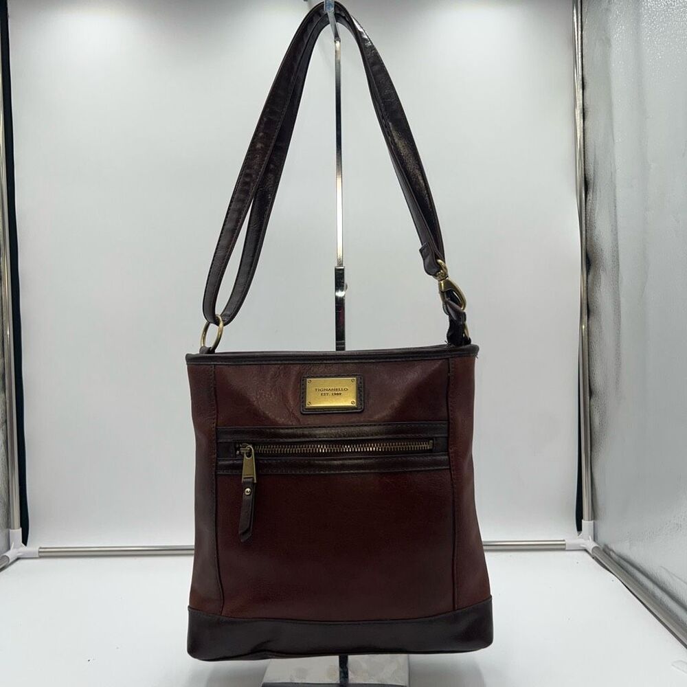 Tignanello Burgundy Brown Leather Shoulder Bag Front Zip Pocket